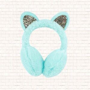 NWOT Girl’s Fuzzy Winter Ear Muffs with Glitter Cat Ears Bright Teal Blue Green